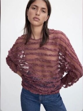 Zara Sheer Ruffled Blouse Burgundy Mesh XL